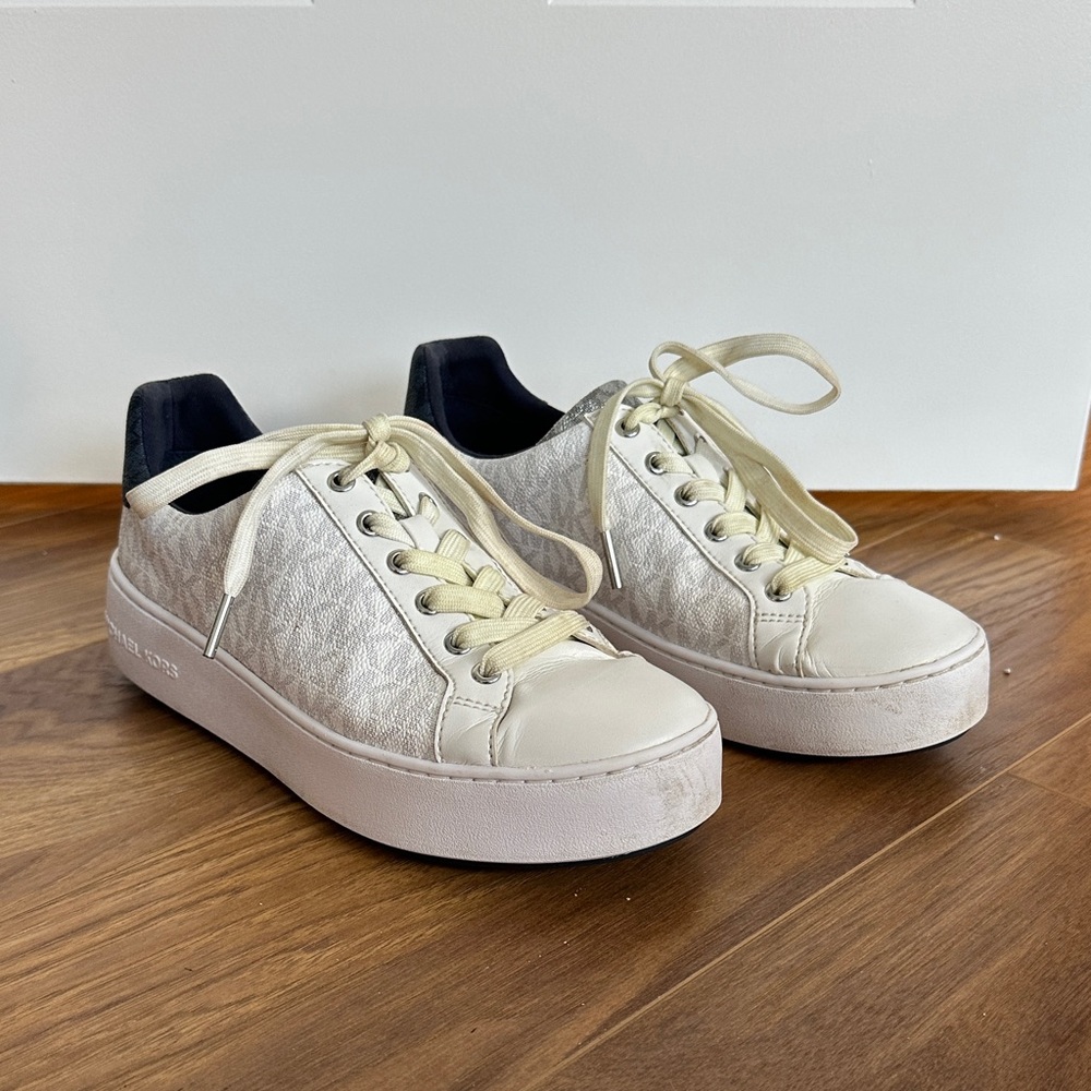 Michael Kors Cream and Black Logo-Panel Platform Sneakers